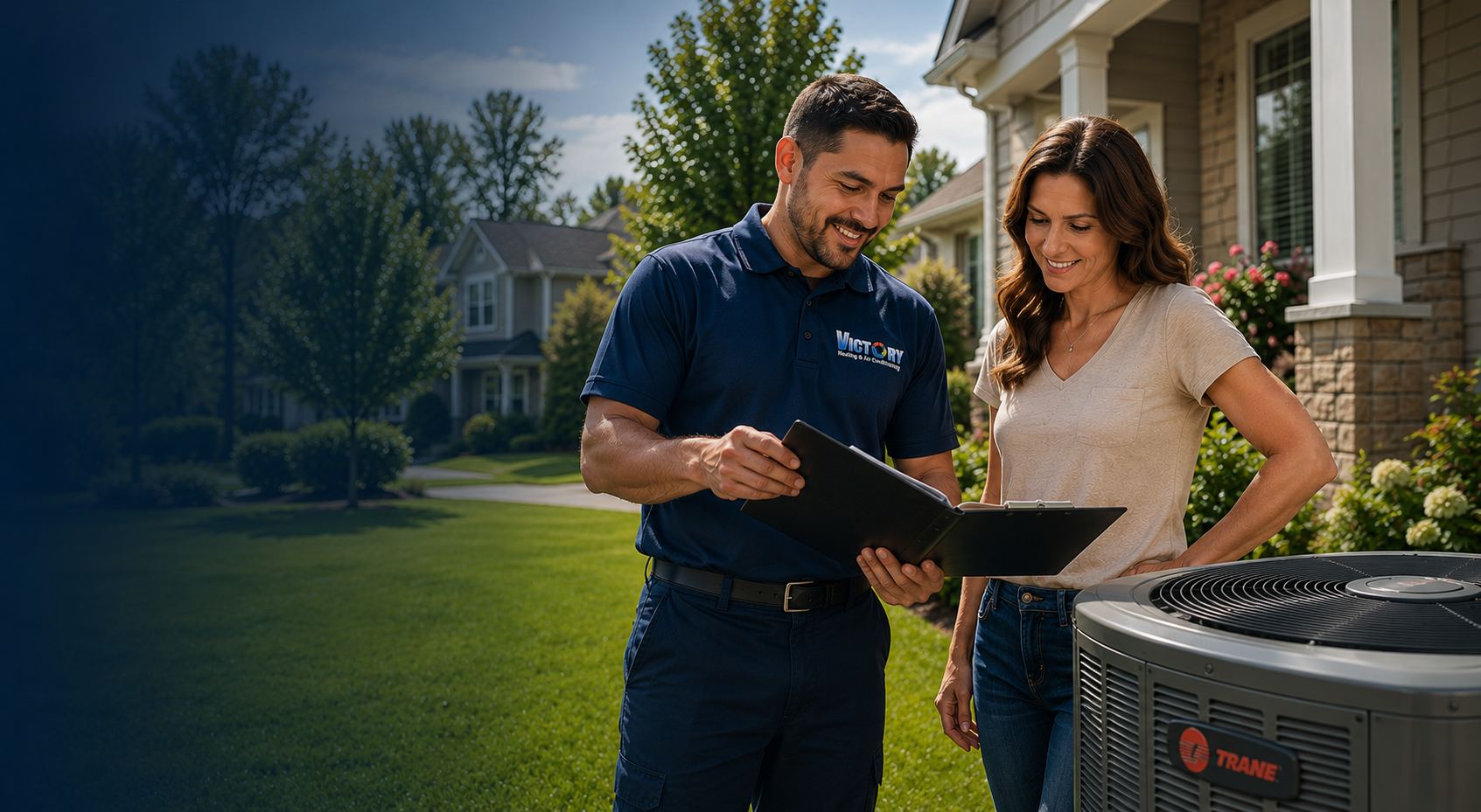 Victory technician reviewing a service plan with a homeowner beside her AC unit