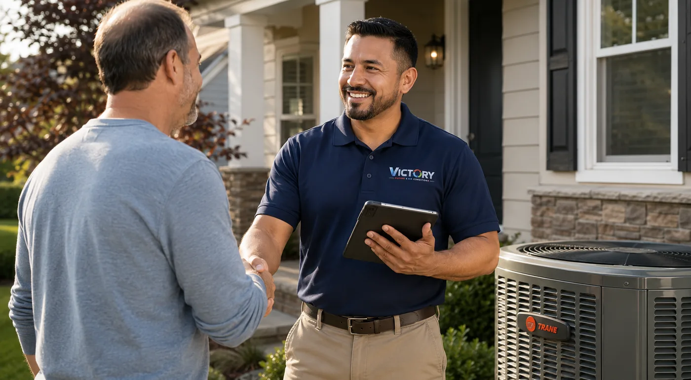 A Victory Comfort Expert greeting a homeowner outside his Gwinnett County home